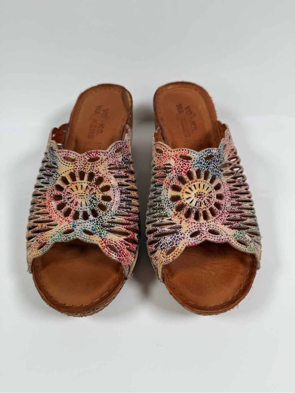 Women’s Volks Walkers Beige Floral Wedge Slide Leather Sandals